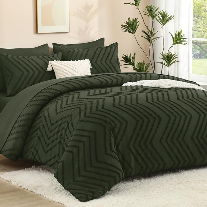 Litanika California King Comforter Set with Sheets Dark Olive Green - 7 Pieces Bed in a Bag Cal King Chevron Tufted Complete Bedding Sets with Comforter, Sheets, Pillowcases & Shams