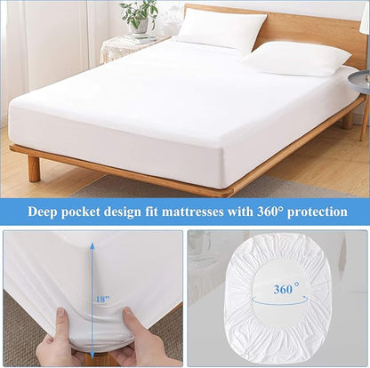 Queen Waterproof Mattress Protector - Noiseless, Breathable, Machine Washable Fitted Mattress Cover with Deep Pocket up to 5”-21”（White）