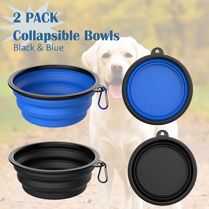Takfox Collapsible Dog Bowls [2 Pack] 20 oz, Travel Dog Bowls, Pet Bowl Portable Foldable Water Food Feeding Dishes with Carabiner Clip for Traveling Hiking Walking-Black & Blue