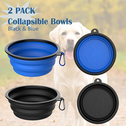 Takfox Collapsible Dog Bowls [2 Pack] 20 oz, Travel Dog Bowls, Pet Bowl Portable Foldable Water Food Feeding Dishes with Carabiner Clip for Traveling Hiking Walking-Black & Blue