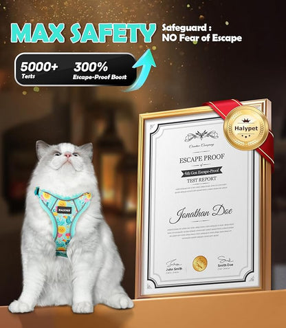 Halypet Cat Harness and Leash Set[MAX Safety 4th-Gen] Cute Escape Proof Vest Harness for Girl&Boy Cat Walking, Comfortable Adjustable Leash and Reflective Strips for Outdoor Kitten, M Green Tropics