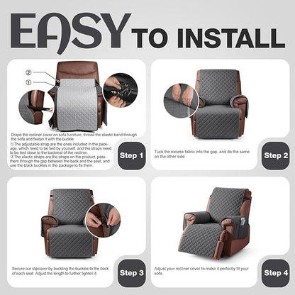 KinCam 100% Waterproof Recliner Chair Cover, Reclining Couch Covers for Pets, Dogs, Recliner Couch Slipcover Furniture Protector with Elastic Straps for Kids(25", Charcoal Gray)