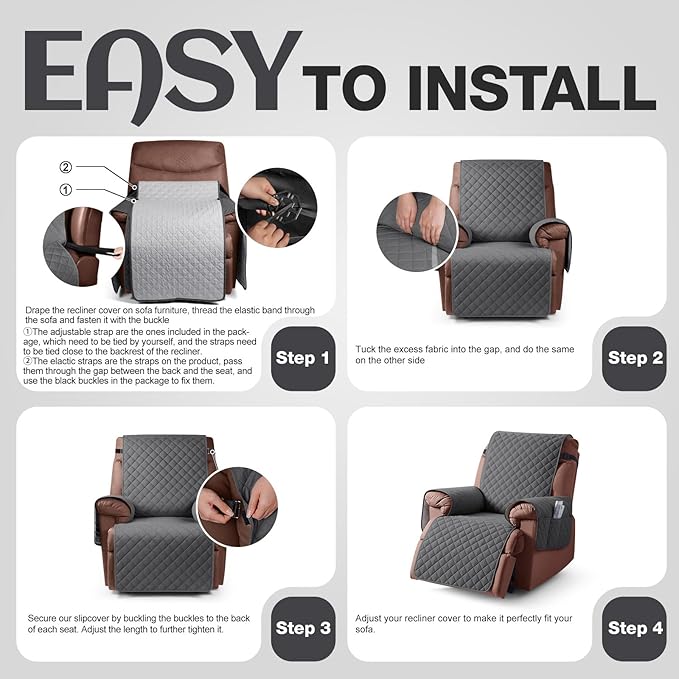 KinCam 100% Waterproof Recliner Chair Cover, Reclining Couch Covers for Pets, Dogs, Recliner Couch Slipcover Furniture Protector with Elastic Straps for Kids(30", Charcoal Gray)