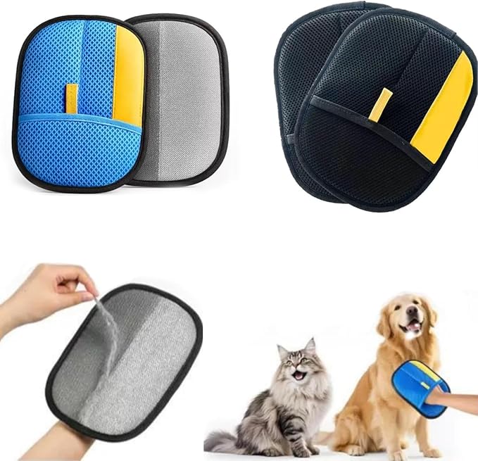 Pet Hair Removal Gloves for Cats & Dogs, Pack of 4 (2 Blue + 2 Black), Reusable Pet Grooming & Deshedding Tool for Dog & Cat Fur