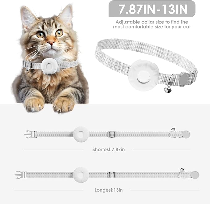 Cat Tracker, Cat Tracker Collar with Safety Elastic Buckle, Compatible with Apple Find My App (Only iOS), No Monthly Fee, Waterproof Pet Tracker for Cats, White