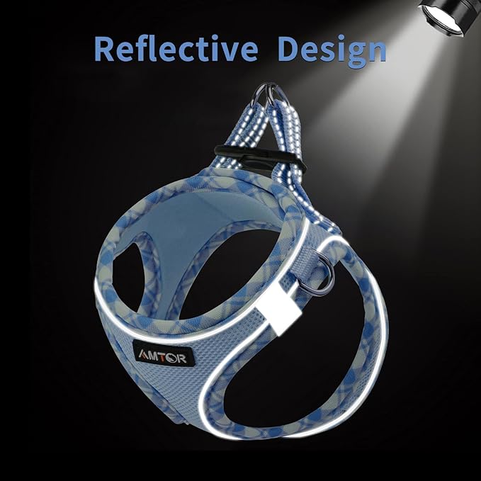 AMTOR Small Dog Harness with Leash Set, No Escape Easy Walk Puppy Harnesses for Training Walking, Step-in Reflective Soft Dogs Vest for XS S Medium Extra-Small Large Sized Dog(XL Size,Blue/White)