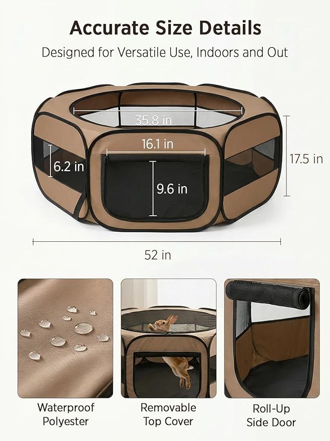 UWE Extra Large Small Animal Playpen, XL Portable Pet Playpen for Rabbit, Kitten, Guinea Pig, Hamster, Puppy – Waterproof Foldable Mesh Tent with Zipper Cover, Indoor Outdoor Use, Brow