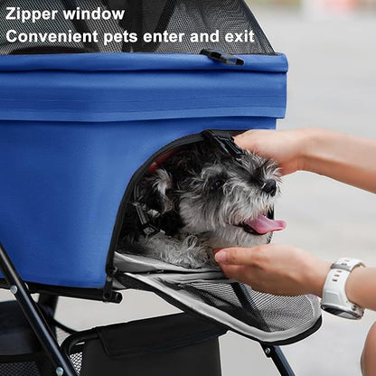 Pet Stroller for Medium Small Dogs/Cats - 4 Wheels Foldable Dog Stroller with Storage Basket,Dog/Cat Carrier,Adjustable Handle,Folding Puppy Carrier Suitable for Traveling with Cats and Dogs (Blue)