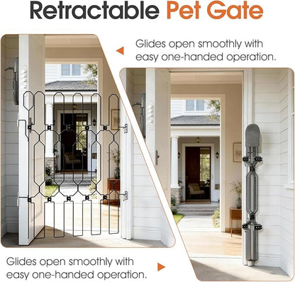 Metal Retractable Dog Gate for Front Door, Adjustable Pet Barrier & Door Blocker, Foldable Gate for Apartments, RVs, Indoor and Outdoor Use