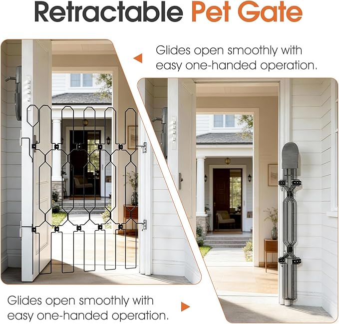 Metal Retractable Dog Gate for Front Door, Adjustable Pet Barrier & Door Blocker, Foldable Gate for Apartments, RVs, Indoor and Outdoor Use, 26” x 30”