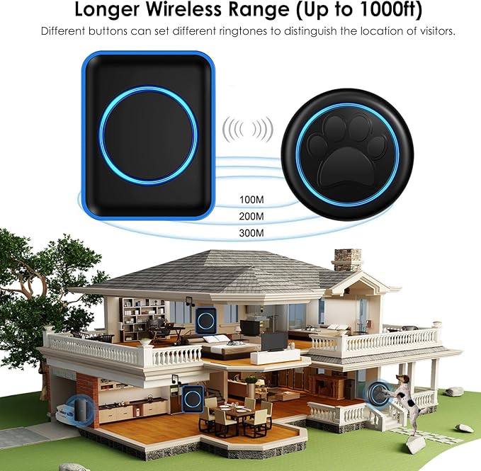 Full House Dog Doorbell for Potty Training, Wireless Pet Doggie Door Bell Training to Go Outside, Waterproof Touch Button, Over 1000 feet Range (Black, 2 Buttons + 3 Receivers)