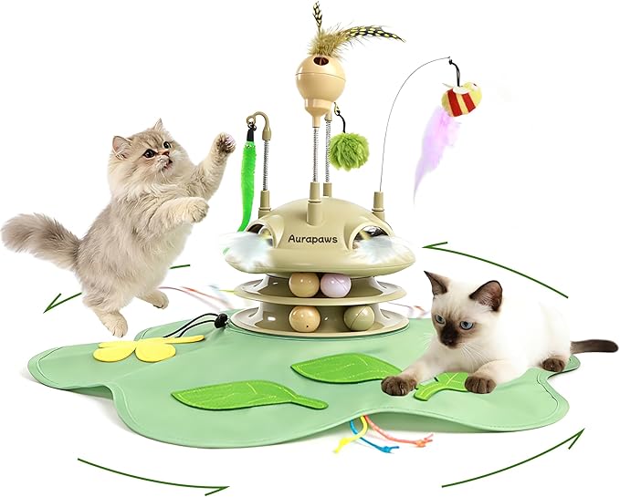 Interactive Cat Toy for Indoor Cats, 6-in-1 Hide and Seek Automatic Cat Toys With Moving Feather, Spring Teaser and Treat Dispensing, Dual Track Balls with Chirping for All Breeds, Rechargeable