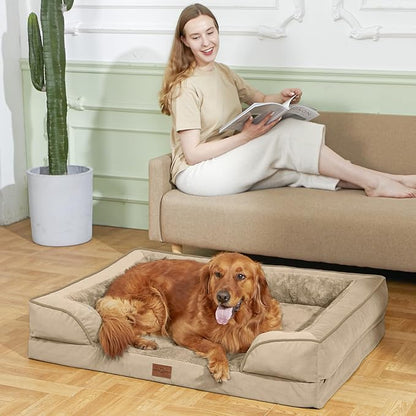 Comfort Expression Orthopedic Dog Bed for Large Dogs 35x22 Inch, Waterproof Supportive Egg Crate Foam Large Pet Bed with Removable Bolster, Dog Couch with Washable Cover & Non-Slip Bottom, Light Brown