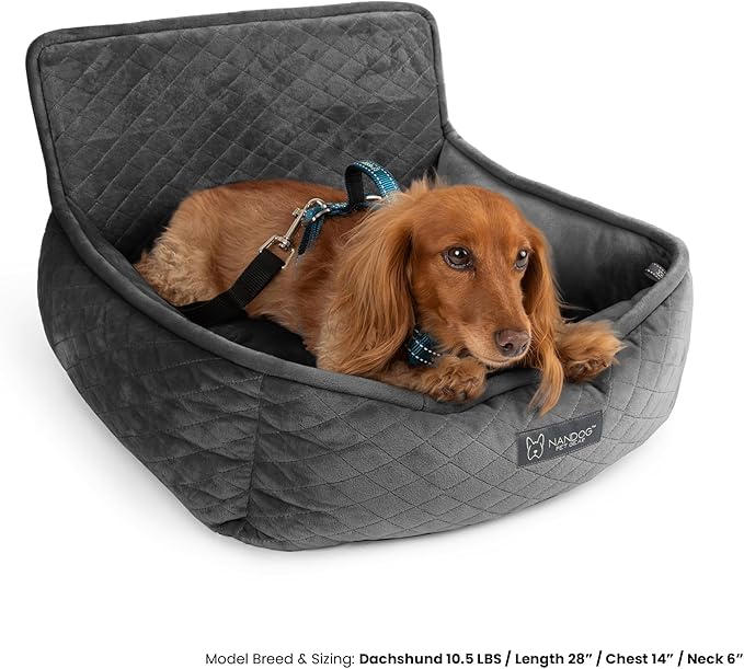 Nandog Pet Gear Luxury Dog Car Seat Bed w/Removable & Washable Pad Insert & Thick Car Seatbelt Straps - Secure, Comfortable, Easy-to-Clean Pet Carrier (Dark Grey, 18" L x 16" W in)