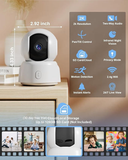 GOLSPARK Indoor Security Camera 2K, Pet Camera for Home Security, Dog Cam Pan/Tilt, Motion Tracking, 2-Way Audio, Night Vision Baby Monitor, Siren Alert, 24/7 Cloud &SD Card Storage, 2.4GHz