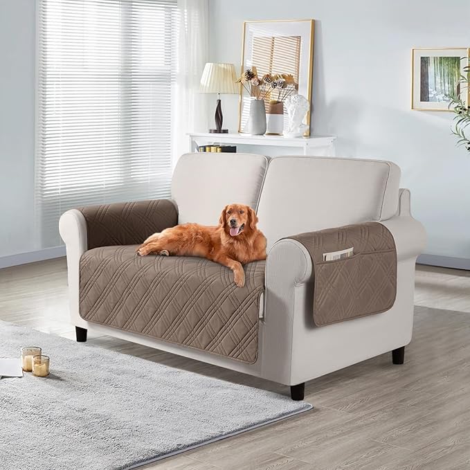 TAOCOCO Waterproof Loveseat Covers for Pets Dogs with Non Slip Backing, Sofa Seat Covers with Side Pocket for 2 Cushion Couch Washable Dog Couch Cover Protector Sofa Slipcovers(Loveseat, Taupe)