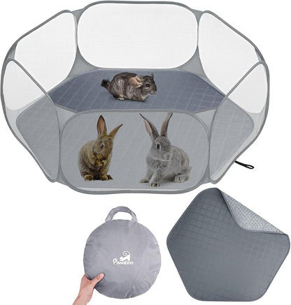 Pawaboo Small Animals Playpen with Pad, Waterproof Small Pet Cage Tent with Reusable Pad, Portable Outdoor Yard Fence for Chick/Kitten/Puppy/Guinea Pig/Rabbits/Chinchillas, Gray+Gray