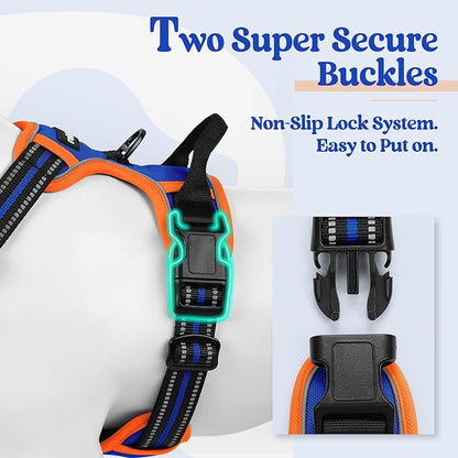 rabbitgoo Dog Harness No Pull with 2 Leash Clips, Adjustable Soft Padded, Reflective Oxford No Choke Pet Vest with Easy Control Handle for Small Dogs, Blue & Orange, S