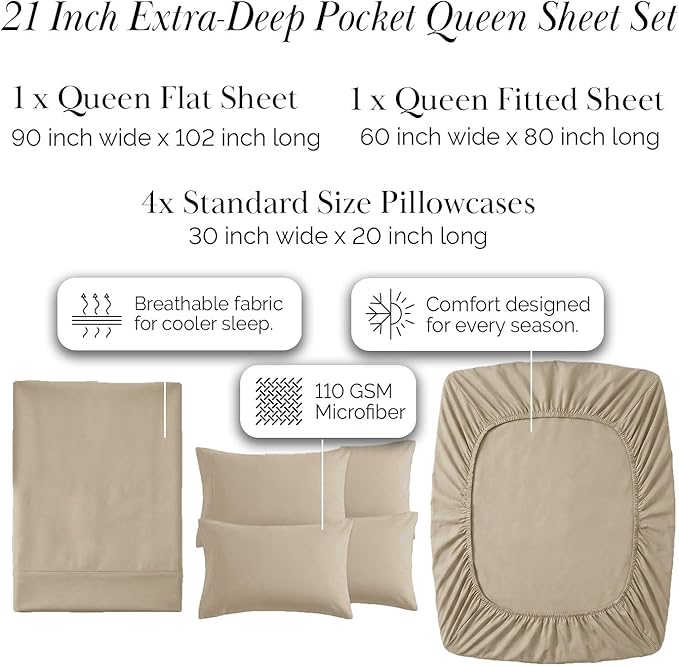 Southshore Fine Living, Inc. 6 Piece Queen Sheet Set, 21-Inch Extra Deep Pocket Queen Sheets, Breathable Machine Washable, Pet Hair Resistant, Fitted Sheet, Taupe Pillow Cases Set of 4, Taupe Sheets