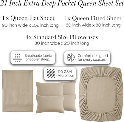 Southshore Fine Living, Inc. 6 Piece Queen Sheet Set, 21-Inch Extra Deep Pocket Queen Sheets, Breathable Machine Washable, Pet Hair Resistant, Fitted Sheet, Taupe Pillow Cases Set of 4, Taupe Sheets