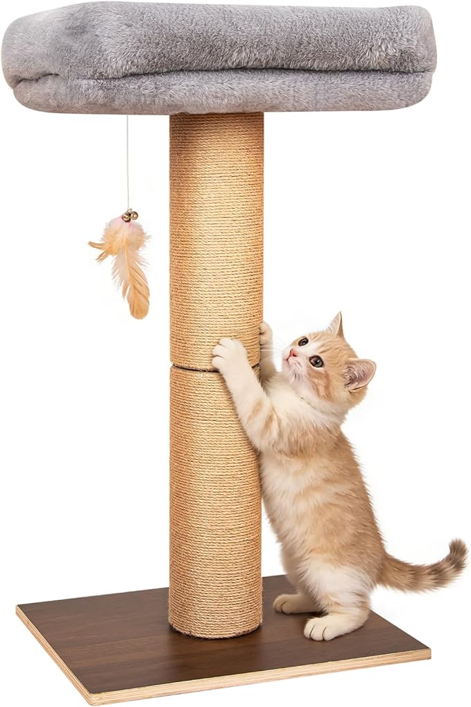 Cat Scratching Post, Retro-Style Tall Cat Scratcher Tower with Removable Gray Fluffy Cusion Perch, Natural Pine & Sisal Cat Scratcher for Indoor Cats, Medium