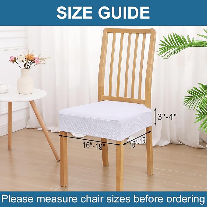 Smiry Waterproof Seat Covers for Dining Room Chairs Set of 8, Stretch Jacquard Removable Washable Chair Seat Slipcovers Protector, No Rear Covers, White