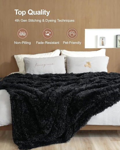 Pawque Faux Fur Blankets Twin Size 60x80 Inches, Soft Fuzzy Fluffy Blanket, Warm Thick Sherpa Long Hair Shag Reversible Lightweight Cozy Throw for Bedroom Sofa Couch, Black
