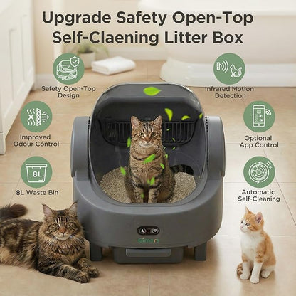 Gimars Open Top Design Self Cleaning Litter Box, Automatic Cat Litter Box for Multiple Cats & Senior Cats, App Control with Safety Sensors, Low Odor, Includes Trash Bags & Litter Mat