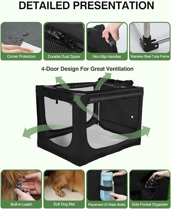 Veraste 42" L x 31" W x 31" H Collapsible Travel Dog Crate, Quick-Setup Portable Soft Dog Kennel for Large Dogs up to 90 lbs, 4-Door Foldable Travel Crate with Storage Bag, Black