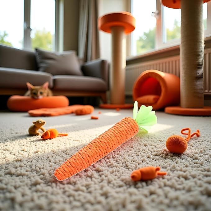 2 Pcs Orange Natural Interactive Sisal Carrot Cat Toys,Cat Dental Chew Toy Kitten Teething Toys for Indoor Cats Interactive Toys