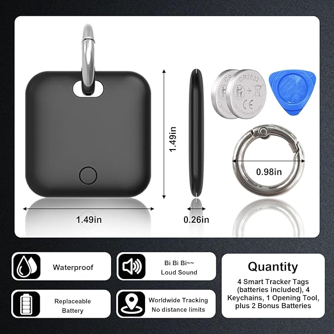 Smart Tracker Tags-4 Pack(iOS Only) Compatible with Apple with 2 Batteries,Replaceable Battery,Bluetooth Luggage Smart GPS Tag Works with Apple Find My APP,Item Finders for Dog/Key/Luggage