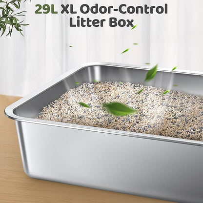 Gimars Extra Large Thicken Stainless Steel Litter Tray - Easy to Clean High Side Rustproof, Never Absorbs Odors Metal Litter Tray for Cats Rabbits
