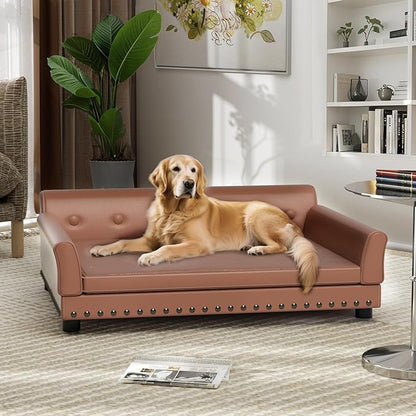 BingoPaw Large Leather Dog Sofa: Indoor Doggy Couch Made by Scratching Resistant Microfiber Leather - Raised Doggie Lounge Bed Breathable for Giant Breed Dogs up to 120lbs