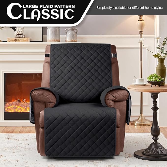 KinCam 100% Waterproof Recliner Chair Cover, Reclining Couch Covers for Pets, Dogs, Recliner Couch Slipcover Furniture Protector with Elastic Straps for Kids(23.6", Black)