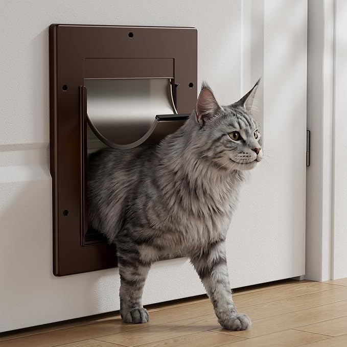 Cat Door, Cat Door Interior Door with Soft Magnetic Flaps, Sliding Panel Closure, Telescoping Tunnel, Easy DIY Installation Kitty Door, Exterior Cat Doors for Cats Up to 20 lbs, Brown
