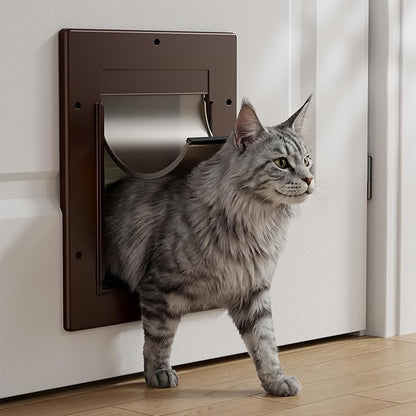 Cat Door, Cat Door Interior Door with Soft Magnetic Flaps, Sliding Panel Closure, Telescoping Tunnel, Easy DIY Installation Kitty Door, Exterior Cat Doors for Cats Up to 20 lbs, Brown