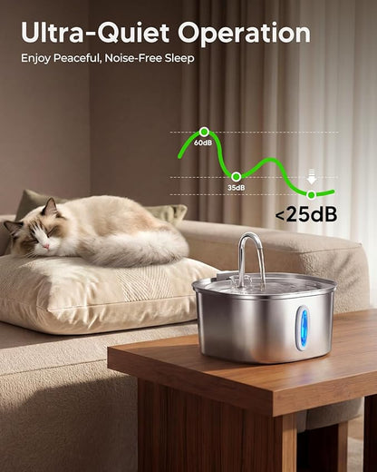 PEKTACO Stainless Steel Cat Water Fountain, 3.2L/108oz Cat Water Dispenser with Quiet Water Pump, Dishwasher Safe Pet Drinking Fountain for Cats with 3 Filters + 3 Sponges