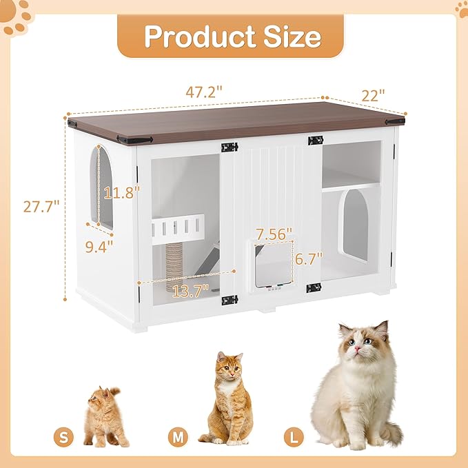 LUMISOL Indoor Cat House with LED Light, Large Cat Litter Box Enclosure with Stairs and Cat Scratching Post, Hidden Litter Box Cabinet Furniture, Side Table with Smart Doors for Living Room, White