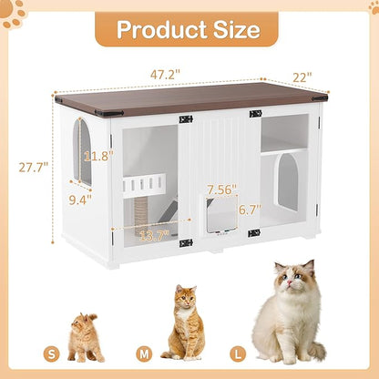 LUMISOL Indoor Cat House with LED Light, Large Cat Litter Box Enclosure with Stairs and Cat Scratching Post, Hidden Litter Box Cabinet Furniture, Side Table with Smart Doors for Living Room, White