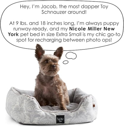 Nicole Miller New York PET Mod Damask Plushy Bolster Pet Bed, Cozy & Calming, Non-Slip Bottom, Machine Washable Cover, Blue, Extra Small 19"x15"x6"