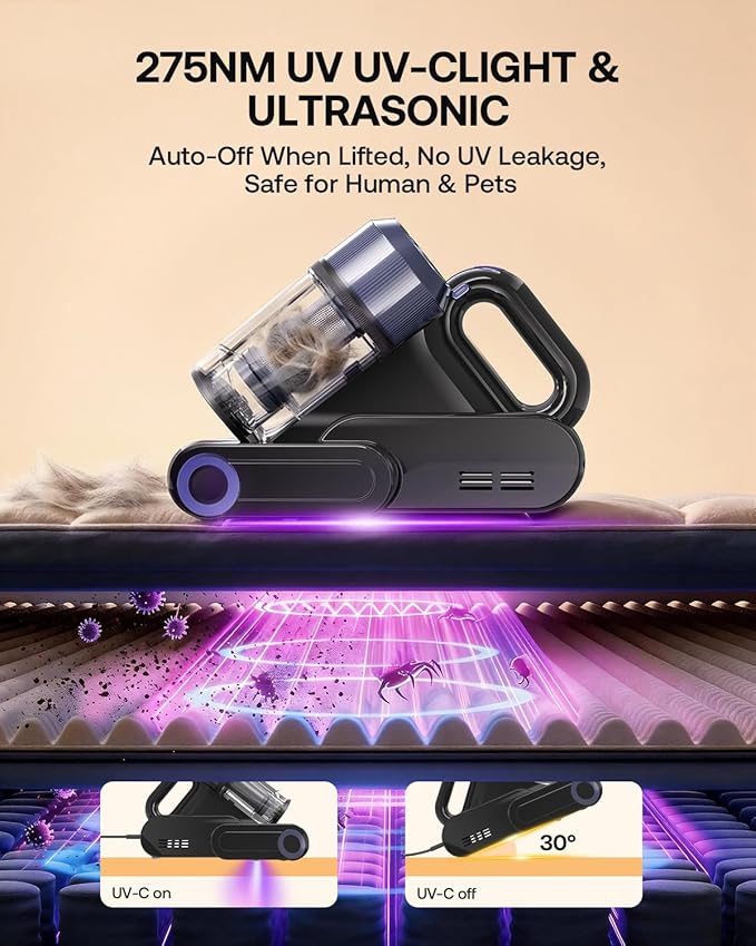 Trucozie Mattress Vacuum Cleaner, 16Kpa Bed Vacuum with Smart Dust Sensor, Anion & Aromatherapy, 275nm UV Light, 149℉ Heat & Ultrasonic & Tapping, Corded for Bed Sofa Couch Pet Hair, Black