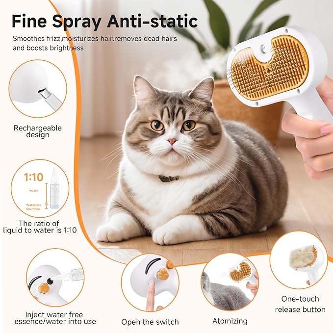 Pet Steam Brush for Dog & Cat – 3-in-1 Spray Hair Removal Comb – Steam for Shedding & Grooming – Water Brush for Long & Short Haired Pets – Spritz Defur Comb – Includes 2*Waterless Shampoo