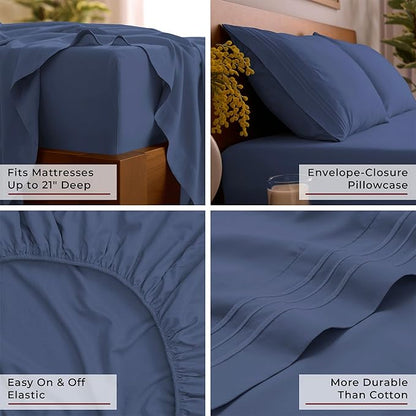Mellanni Full Sheet Set - 6-Piece Iconic Collection Bedding, (Including 4 Pillowcases), 21-Inch Extra Deep Pocket, Easy Care, Ultra Soft, Cooling Sheets, Brushed Microfiber - Blue Nova