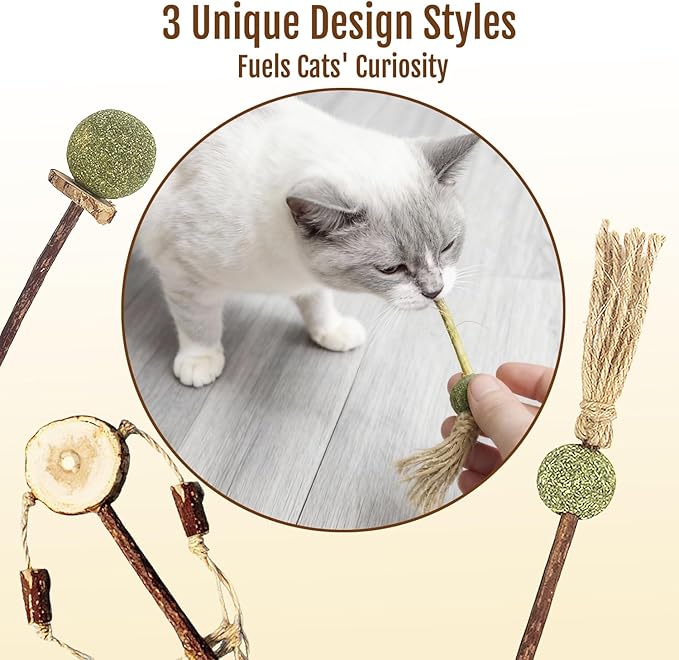 3PCS Natural Catnip Chew Toys | Silvervine & Sisal Rope | Dental Care & Anxiety Relief | Indoor Cats 6+ Months | Teething Kitten Toys