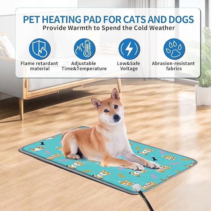 GOLOPET Cat Heating Pad,22x18 in Heated Cat Bed,Adjustable Thermostat+Constant On Function,with Metal Protective Tube Waterproof Puppy Heating Pad - Blue