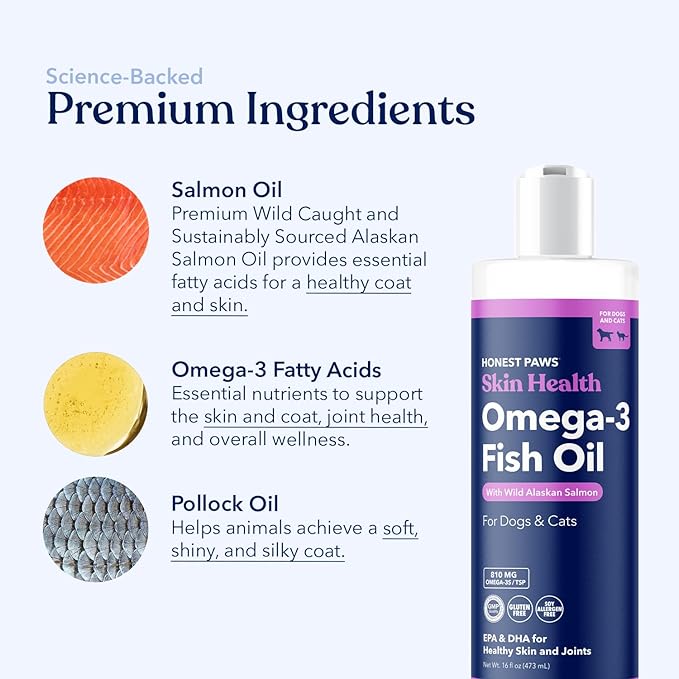 Honest Paws Salmon Oil for Dogs & Cats – Omega 3 Fish Oil Supplement for Skin, Coat, Joint & Heart Health – Natural, Sustainably Sourced Wild Alaskan Salmon, 16 oz (Pack of 2)