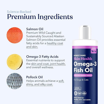 Honest Paws Salmon Oil for Dogs & Cats – Omega 3 Fish Oil Supplement for Skin, Coat, Joint & Heart Health – Natural, Sustainably Sourced Wild Alaskan Salmon, 16 oz