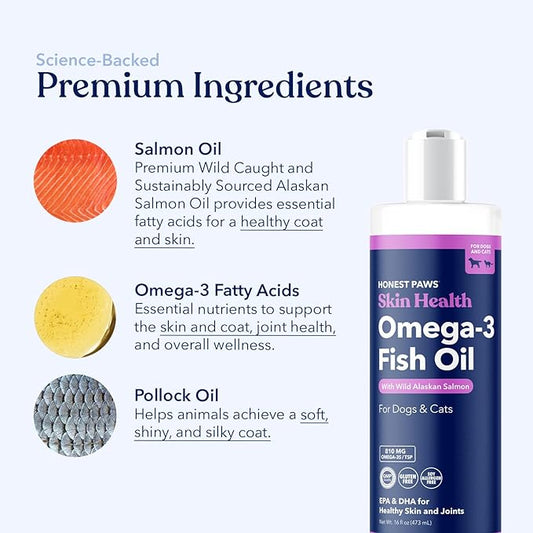 Honest Paws Salmon Oil for Dogs & Cats – Omega 3 Fish Oil Supplement for Skin, Coat, Joint & Heart Health – Natural, Sustainably Sourced Wild Alaskan Salmon, 16 oz