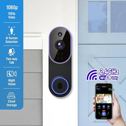 1080p Smart Video Doorbell Camera Wireless, Live View, AI Human Detection, Night Vision, Cloud Storage, 2.4G WiFi, Battery Powered, Indoor Outdoor Surveillance