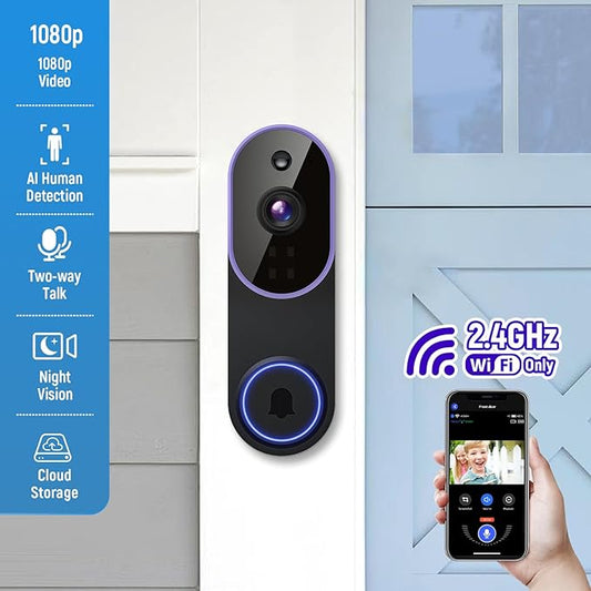 1080p Smart Video Doorbell Camera Wireless, Live View, AI Human Detection, Night Vision, Cloud Storage, 2.4G WiFi, Battery Powered, Indoor Outdoor Surveillance